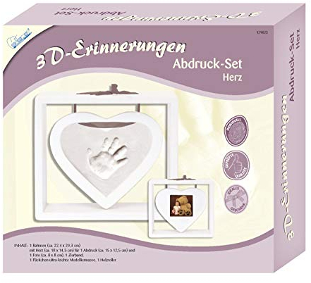 MAMMUT 129023 - 3D Erinnerungen Abdruck-Set Herz, Komplettset mit Herz-Holzrahmen (MDF), 1 Zierband, 1 Pck. Modelliermasse und 1 Holzroller, Kreativset für junge Eltern