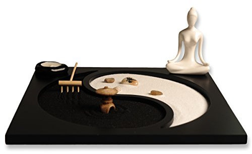 ICNBUYS Tai Chi Pattern Zen Garden with Buddha Status Wooden Rake Rocks Mini Pavilion and Candle Holder Set with Free Rake and Pushing Sand Pen Base Tray Dimensions 11.8 x 11.8 x 0.4 inches