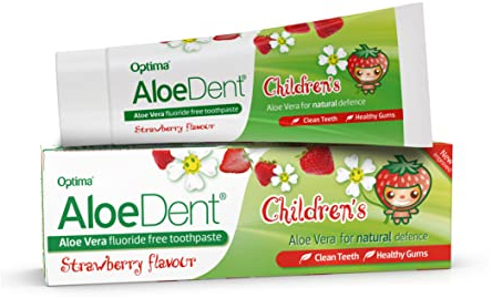 AloeDent Kinderzahnpasta ohne Fluorid - Aloe Vera Zahnpasta für gesunde Zähne und gesundes Zahnfleisch, SLS frei, Vegan, Erdbeergeschmack, 50ml