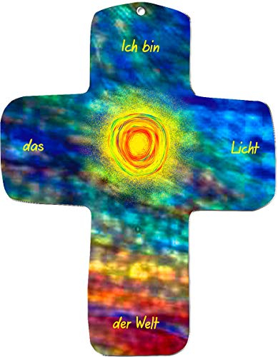 Kleines Holzkreuz zum Aufhängen umweltfreundlichem Holzverbundstoff, Motiv: Sonne und Mosaik, Ich bin das Licht der Welt, Geschenk zur Kommunion, Konfirmation oderTaufe,