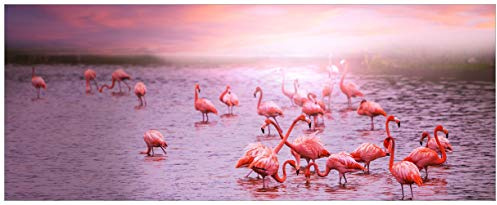 Wallario Glasbild Rosa Flamingos bei Sonnenuntergang - 50 x 125 cm Wandbilder Glas in Premium-Qualität: Brillante Farben, freischwebende Optik
