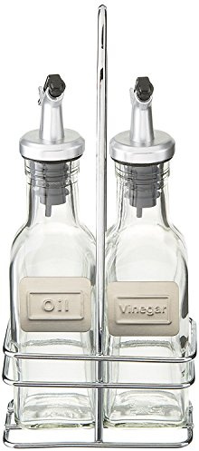 Cuisinox Cruet Oil and Vinegar Bottles Set with Dripless Spouts and Wire Caddy, English Labels - 6 oz. each