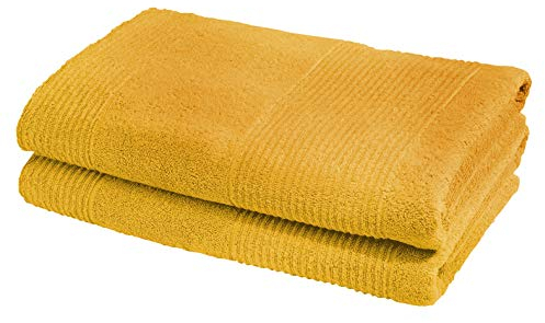 fleuresse Frottier 2828 2er-Set Duschtuch, mit Streifenbordüre und Kordelaufhänger, Ökotex Standard 100, Gewicht 550 gr. pro m², 70 x 140 cm, gelb
