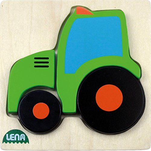 Lena 32079 - Holzpuzzle Traktor, Kinderpuzzle mit Grundplatte 14 x 14 cm und 4 Puzzleteilen, Teile und Platte aus FSC 100% Holz, Puzzlespiel für Kinder ab 18+ Monaten, Legespiel für Kleinkinder