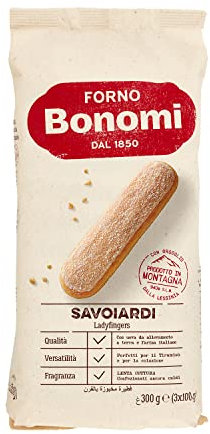 Forno Bonomi Savoiardi, biscotti preparati secondo la tradizione con uova fresche allevate a terra, ideali per tiramisù, per uno snack goloso e light. Confezione da 300g