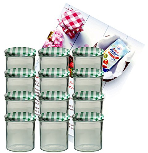 MamboCat 12er Set Sturzglas 350 ml Marmeladenglas Einmachglas Einweckglas to 82 grün Karierter Deckel incl. Diamant-Zucker Gelierzauber Rezeptheft