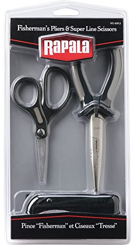 Rapala - Combo de Pêche Pliers & Super Line Scissors - Kit Pêche avec 1 Pince Multifonction de 16cm, 1 Ciseaux Spécial Tresse - Matériel de Pêche avec Poignées Ergonomiques - Noir/Gris