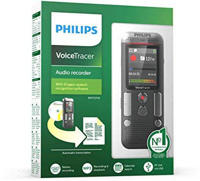 Philips DVT2710 Digitales Diktiergerät inkl. Spracherkennungs-Software f. Windows, kompaktes Aufnahmegerät, mp3 Recorder, Farbdisplay, 8 GB Speicher, USB-Anschluss, Plug & Play, Anthrazit