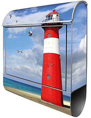 banjado® Design Briefkasten mit Leuchtturm Westkapelle 38,5x46,5x13cm & 2 Schlüssel - Briefkasten Stahl Silber mit Zeitungsfach pulverbeschichtet - Postkasten A4 Einwurf inkl. Montagematerial