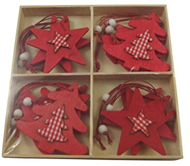 Christmas Tree Decorations - Red Wooden Star & Tree Gingham Hangers - Set of 12 Hanging Decorations (ZF317)