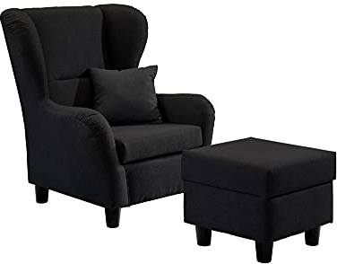 lifestyle4living - Moderner Ohrensessel mit Hocker – Große Auswahl an Stoffen und Farben - Gemütlicher Designer-Sessel im eleganten Landhaus-Stil, Schwarz