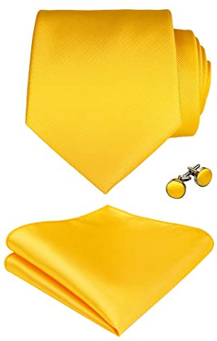 Alizeal Mens Solid Farbe Krawatten Einstecktuch und Manschettenknöpfe Set (Gelb)