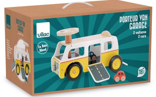 Vilac - Porteur Van en Bois Garage Transformable - dès 18 Mois | 2 voitures et 1 hélicoptère inclus | ascenseur pont élévateur et porte coulissante | dimensions 65x40x45 cm | idée cadeau