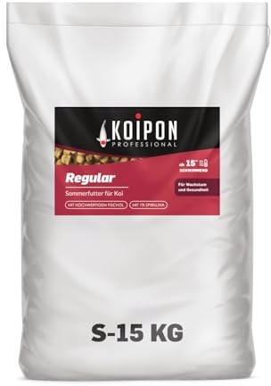 KOIPON Regular Koifutter 15 kg 3 mm Sommer, 1% Spirulina, schwimmend | Sommer-Hauptfutter mit Spirulina, schwimmende Pellets – für japanische Koi, auch als Goldfischfutter geeignet