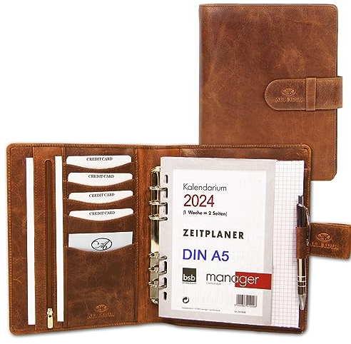 ALMADIH Leder A5 Terminplaner mit Kalender 2025 2026 Schreibblock Premium Rindsleder BD Ledermappe Mappe Schreibmappe Organizer Terminkalender Ringbuchmappe Aktenmappe Konferenzmappe (braun deluxe)