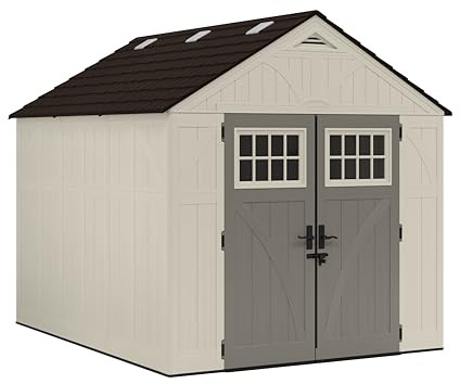 Suncast 8x10 Ft. Outdoor Storage Shed - Large Resin Outdoor Shed with Floor Included, Lockable Double Doors & Skylights. 547 Cu Ft Tremont Garden Resin Sheds for Lawn Tools, Riding Mowers, & Bikes