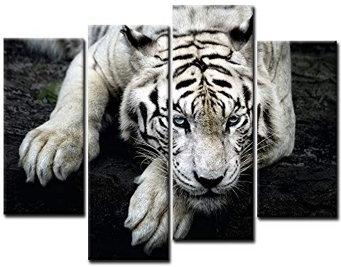 Tiger Bilder Leinwand 4 Teilig Bild Schwarz Weiß Tier Wandbilder Wohnzimmer Moderne für Schlafzimmer Dekoration Wohnung Home Deko Kunstdruck