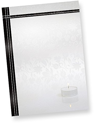 Briefpapier Trauer (50 Stück) Trauerpapier DIN A4, selbst bedruckbar für Trauerfall Bekanntgabe oder Danksagung mit Trauerrand und Kerze (passende Briefumschläge erhältlich oder auch als Set)