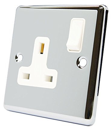 AET CPC1GSOCWH Polished Chrome Classical 1 Gang White Insert Plastic Rocker Switch-13 Amp Single Plug Socket, 240 V