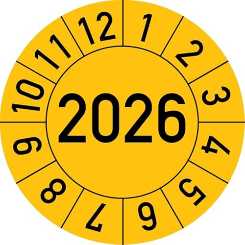 Jahresprüfplakette 2026 in verschiedenen Farben und Größen, 500 Stück, Prüfetikett Prüfplakette Jahresplakette (25 mm Ø, Gelb)