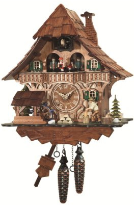 Engstler Quarz Kuckucksuhr Schwarzwaldhaus mit beweglichem Holzhacker und Mühlrad, mit Musik EN 496 QMT