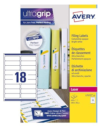 Avery L7172-25 Printable, Customisable Ring Binder File Labels, 18 Labels Per A4 Sheet,White