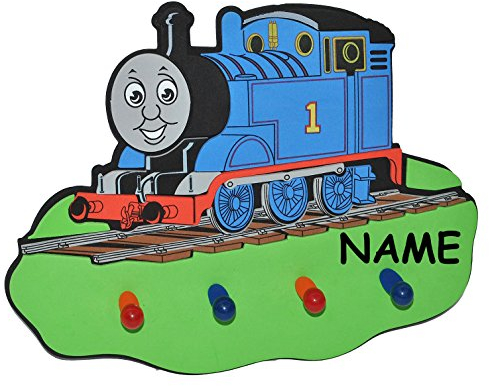 alles-meine.de GmbH 3-D Kindergarderobe - Thomas die Lokomotive incl. Namen - mit 4 Kleiderhaken Moosgummi - Garderobenhaken Wandhaken Kinder Garderobe Kind Wandgarderobe Haken -..