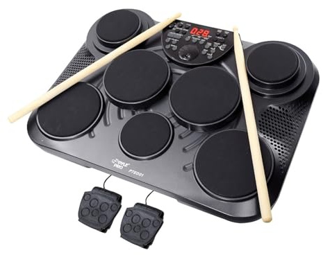 Pyle Electronic Tabletop Digital Drum Set, Compact Portable Drum Pad Kit w/ 8 Touch Sensitive Pads and Pedals, 600 Sounds, USB & Headphone Outputs, MIDI/AUX Inputs, 4x5” Drums & 4x3.5” Cymbals