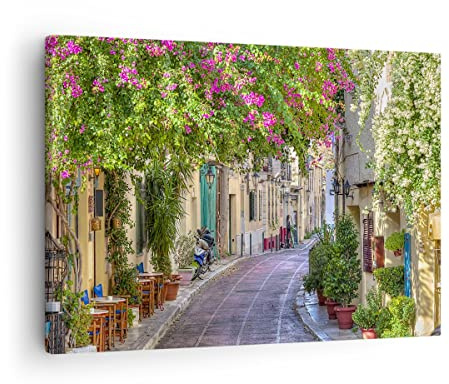 Bilder auf Leinwand Straße dekoration blumen griechenland Leinwandbild 70x50cm Wandbilder Dekoration Wohnzimmer Schlafzimmer Deko Klein Wanddeko Bild Wand Kunstdruck Art Wall Decor Canvas AA70x50-2429