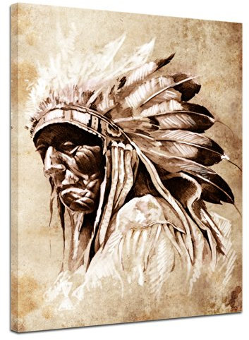 Bilderdepot24 Bild auf Leinwand | Indianer im Vintage Style in 50x60 cm als Wandbild | Wand-deko Dekoration Wohnung modern Bilder | 170081