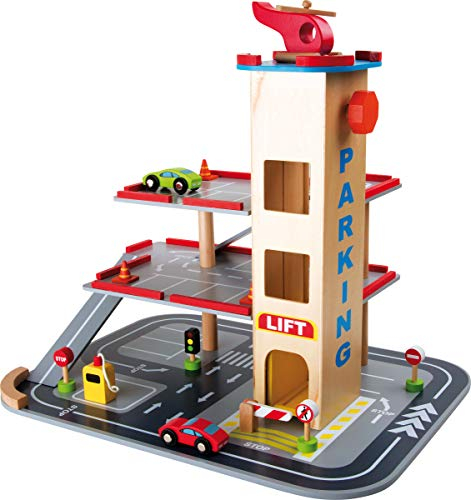 small foot Parkhaus Rasante Abfahrt aus Holz, mit 3 Etagen, Aufzug und Hubschrauberlandeplatz, ab 3 Jahren, 4777