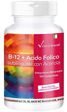 Vitamintrend Vitamin B-12 + Folsäure sublingual mit Acerola, 180 Tabletten, hochdosiert mit 500µg Vitamin B12, Nahrungsergänzungsmittel vegan ohne Magnesiumstearat, in Deutschland hergestellt