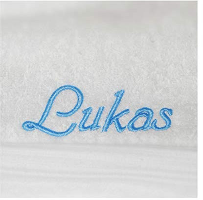 Krings Fashion Saunatuch mit Namen nach Wunsch Bestickt, 70 x 200 cm, Weiß, Stickfarbe Hellblau, Qualität von Deutschen Herstellern, schöne 440g-Qualität, 100% Baumwolle