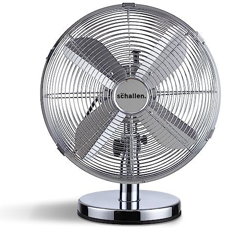 Schallen Home & Office Electric Sturdy Metal 12 3 Speed Tilt Oscillating Worktop Desk Table Air Cooling Fan (Chrome | Silver)