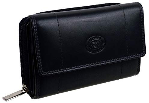 Ladies Soft Real Nappa Leather Zip-around Purse with Front Flap and Double Credit Card Swing Section (Lilac/Dark Brown/Dark Red/Mid Brown) (Black)