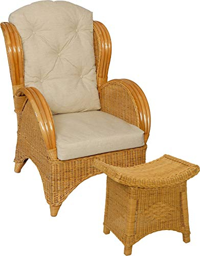 Korb-Outlet Ohrensessel bequem und breit Hochlehnsessel aus Rattan/Fernsehsessel Wohnzimmer/Rattanmöbel (Honig mit Hocker)