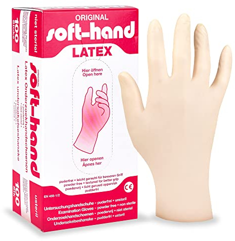 Servoprax Soft-Hand Untersuchungshandschuhe – Einweg-Handschuhe aus Latex, angerauhte Oberfläche und kräftige Qualität, ideal bei empfindlicher Haut – 100 Stück (S)