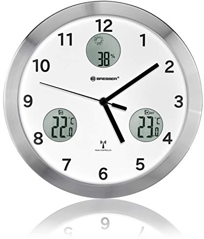 Bresser Radiocrucho MyTime io, reloj de pared grande de 30 cm con radio silencioso con indicador de temperatura y humedad interior y exterior, incluye transmisor inalámbrico para exteriores, blanco