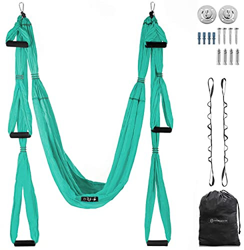 Aerial Yoga Swing – Ultra starke Antigravity Yoga Hängematte / Trapez / Sling für Air Yoga Inversionsübungen – 2 Verlängerungsgurte enthalten (türkis)