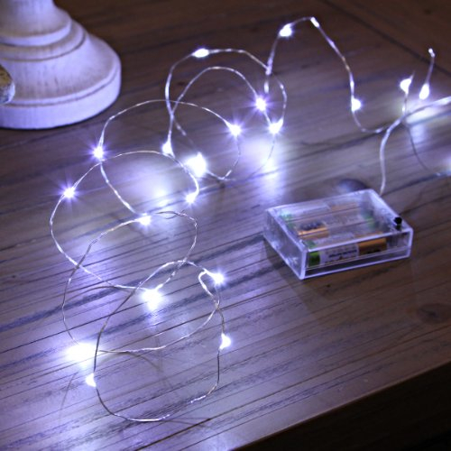 Festive Lights 2m 20 LED Battery Powered Decorative Micro Firefly Fairy String Lights with Silver Wire, Christmas Home Indoor Bedroom, Living Room, Reception, Wedding Decor, Tree Decoration (White)