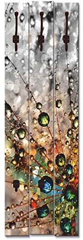 ARTLAND Wandgarderobe Garderobenpaneel Holz mit 5 Haken 45x140 cm Design Garderobe mit Motiv Natur Blumen Pusteblume Wassertropfen Bunt T9IN