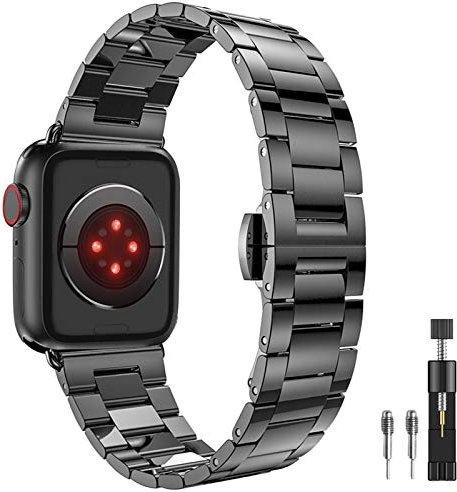 PUGO TOP Strap Compatible With Apple Watch Ultra 2/Ultra 49mm Series 9/8/7 45mm Series 6/5/4/3/2/1 44mm 42mm, Ultra Slim Stainless Steel Business Band for Apple Watch(Black 42mm/44mm/45mm)
