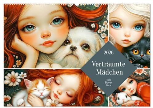 Verträumte Mädchen. Tiere, Blumen, Liebe. (Wandkalender 2026 DIN A2 quer), CALVENDO Monatskalender: Zauberhafte Momente inmitten von Blumen und mit Tieren (CALVENDO Tiere)