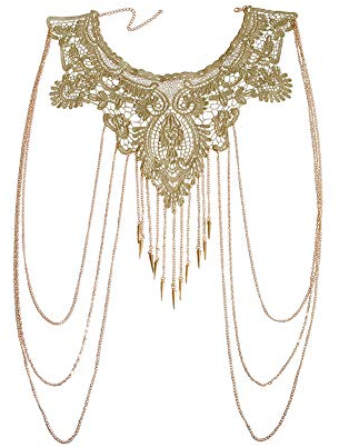 Amorar Körperkette Bauchkette Schmuck Gold Spitze Stoff Mehrschichtig Quaste Halskette Bikini Strand Körper Bauch Schmuck für Damen Körperschmuck Kettengürtel Hosenkette