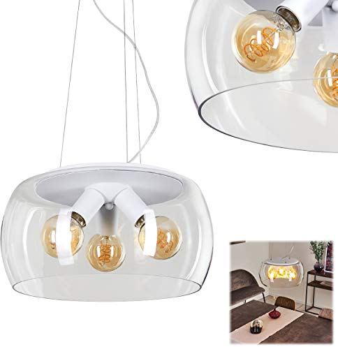 Hängeleuchte Palibatz, runde Pendellampe aus Metall in weiß, 3-flammige Retro Look Zimmerlampe mit transparenten Glasschirm, 3 x E27, Höhe max. 150 cm, ohne Leuchtmittel