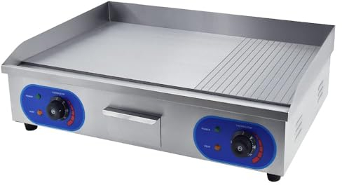 TAIMIKO Commercial Electric Griddle Stainless Steel Grill BBQ 73cm Large Hotplate,Double UK Plug,4400W Burger Bacon Kitchen Barbeque Countertop (2/3 Flat + 1/3 Groove)