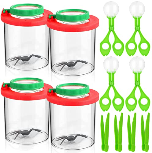 Zliger Lupendose, 4 Set Becherlupe Set Lupenbecher Lupe Becherlupe mit Insektenfänger Scherenzange un Plastik Pinzette für Outdoor Wissenschaft Natur Erkundung