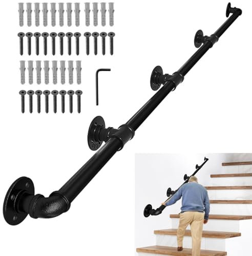 Lechansen Handrail for Staircase, 440cm Black Wrought Iron Pipe Handrail for Indoor Outdoor Banister Staircase, Wall Mount Anti-Slip Steps Grab Bars for Stair, Diameter 3.2cm