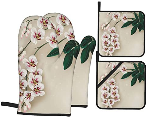 Bell Orchideen-Druck, Ofenhandschuhe und Topflappen, 4 Stück, hitzebeständig, rutschfest, wasserdicht, zum Backen, Kochen, Grillen