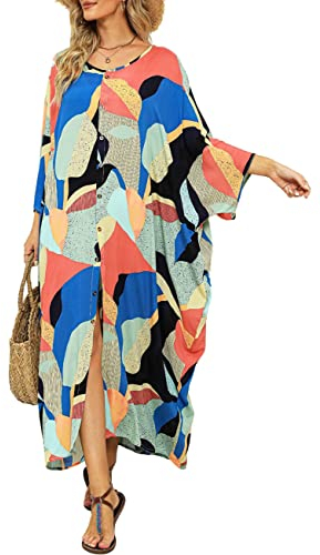 Bsubseach Women Loose Swimsuit Cover Up Button Down Kimonos Beach Resort Wear Dress Block Print Blue
